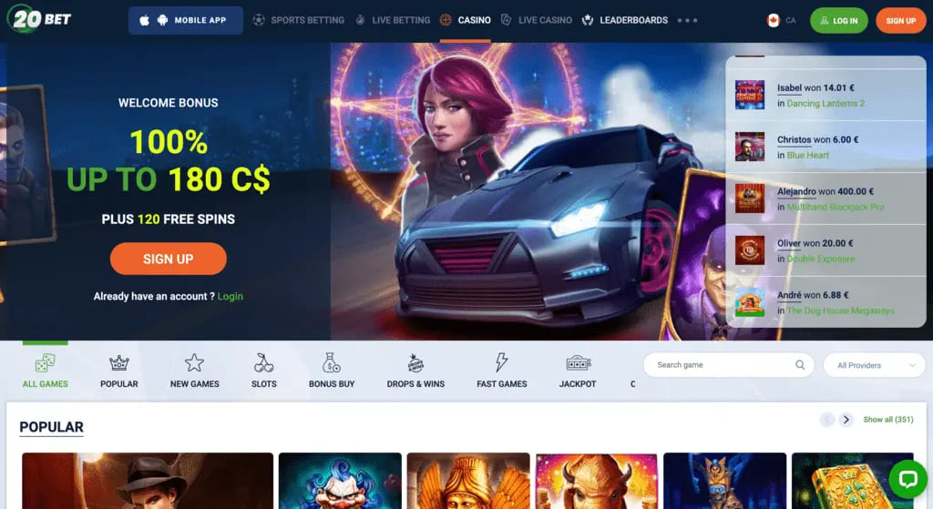 20Bet Casino Main Page