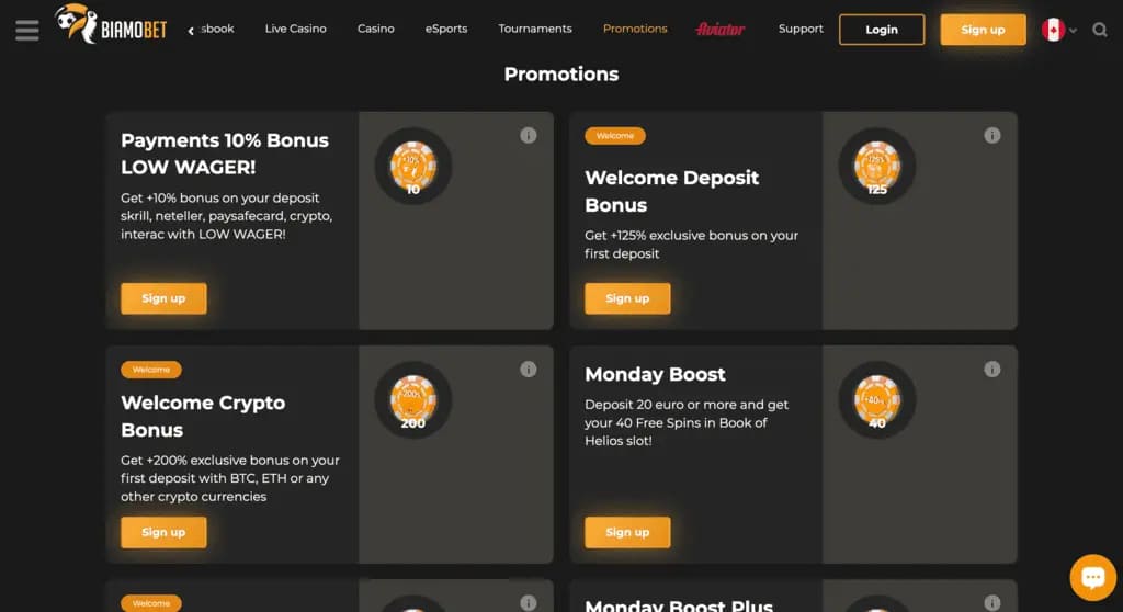 BiamoBet Casino Bonuses