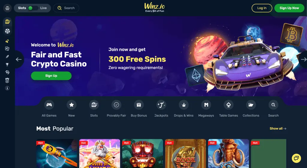 Winz.io Casino Main Page