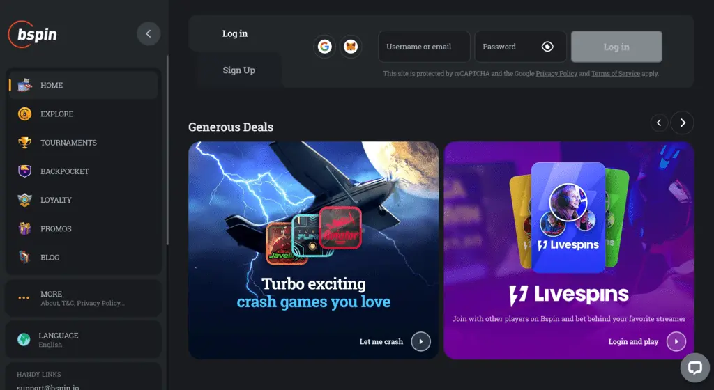 BSpin Casino Main Page