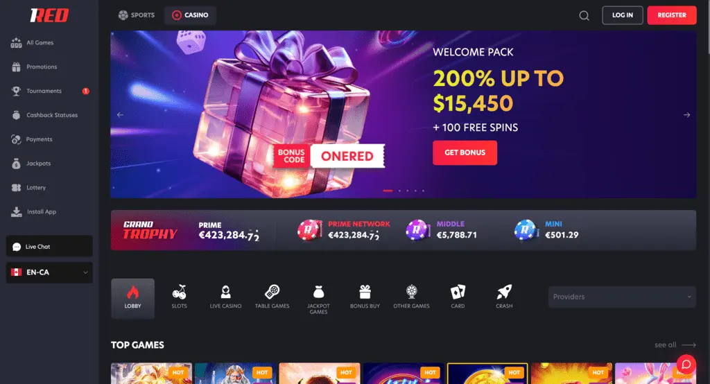 1Red Casino Main Page
