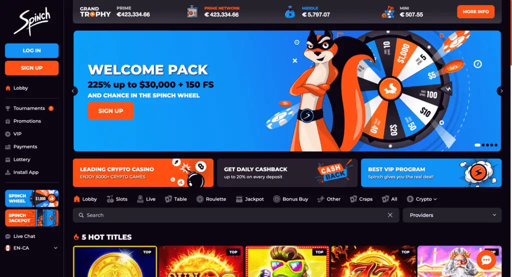 Spinch Casino Main Page