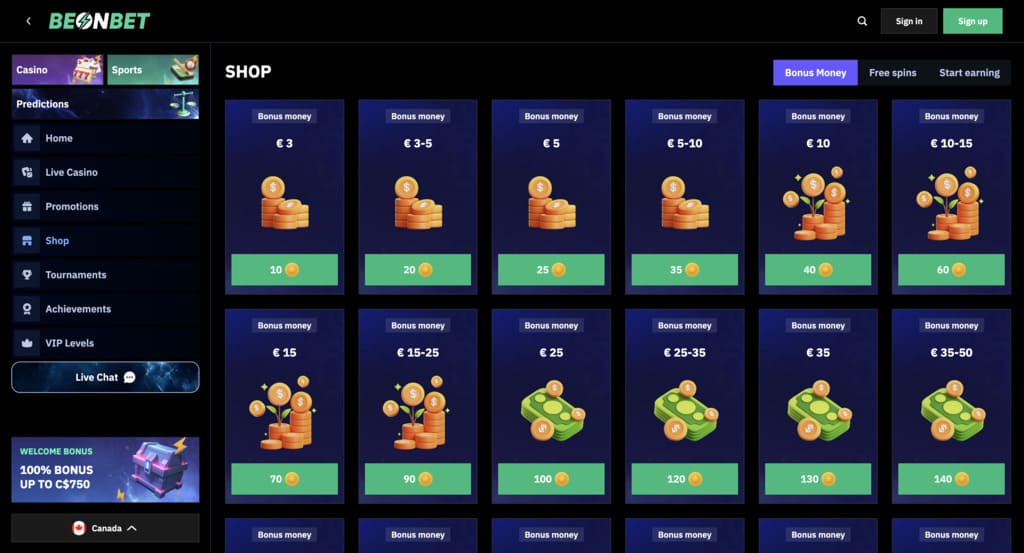 BeonBet Casino bonus shop with redeemable bonus money