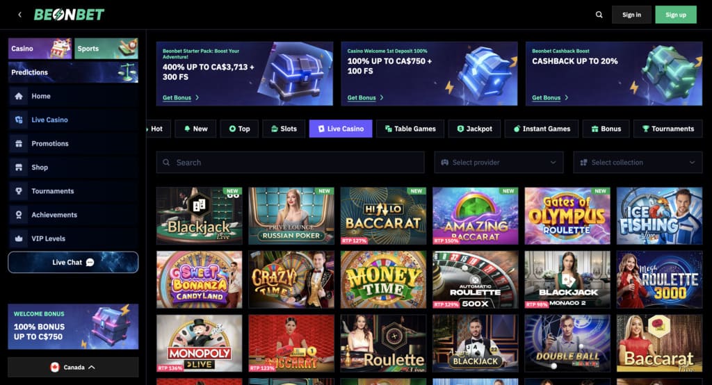 BeonBet Casino live casino section
