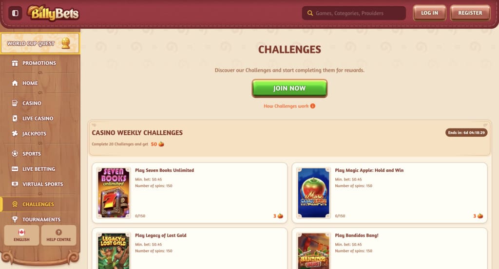 BillyBets casino challenges page