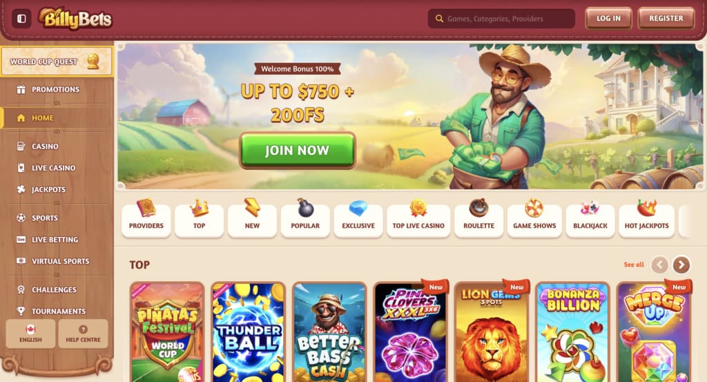 BillyBets casino homepage