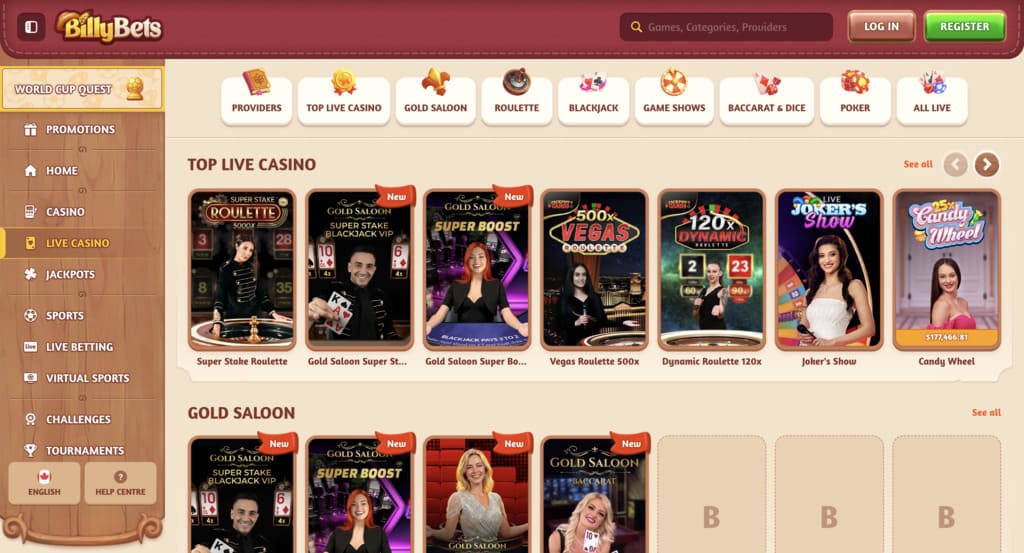BillyBets live casino lobby