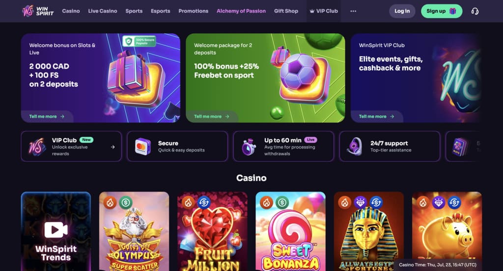 WinSpirit casino homepage