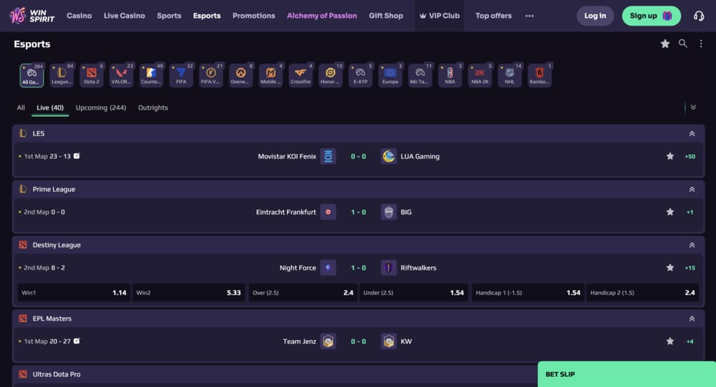 WinSpirit esports betting page