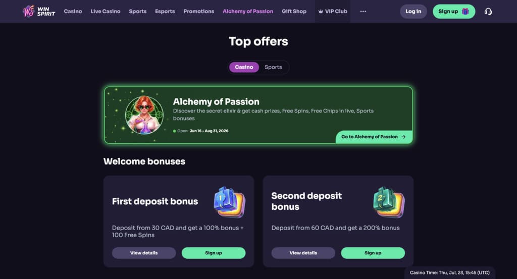 WinSpirit promotions page