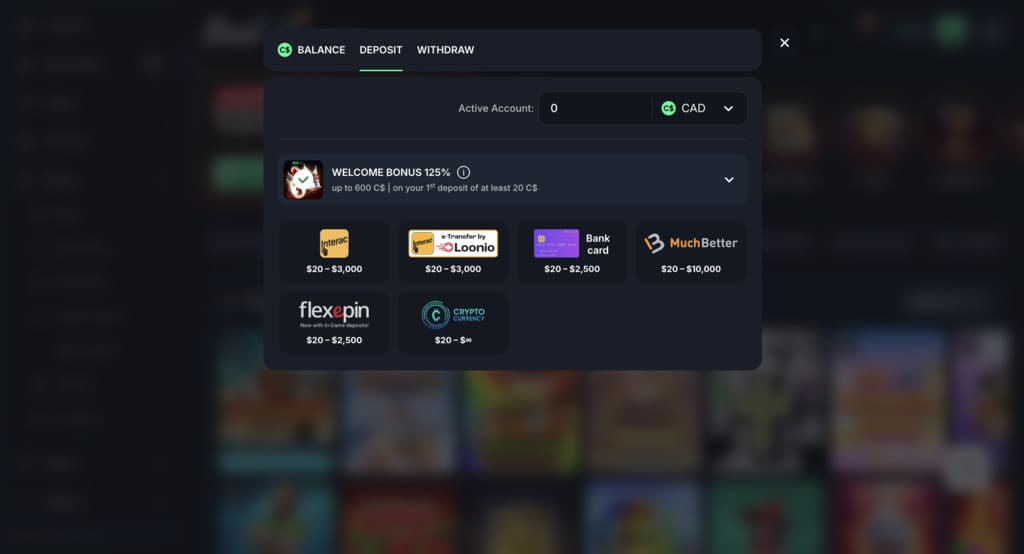 Beef Casino deposit page