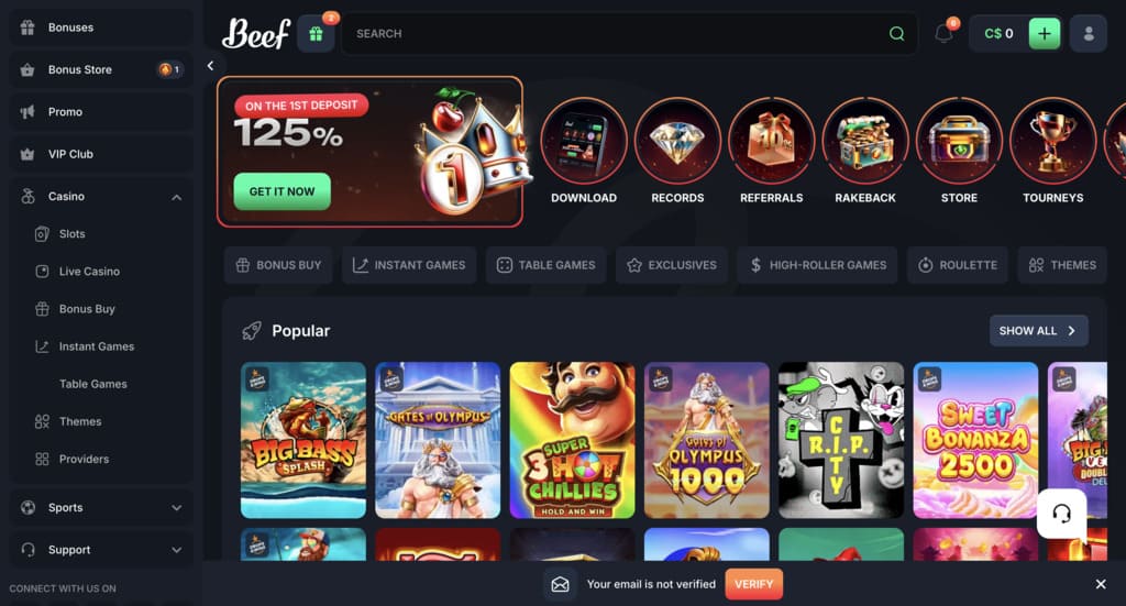 Beef Casino homepage