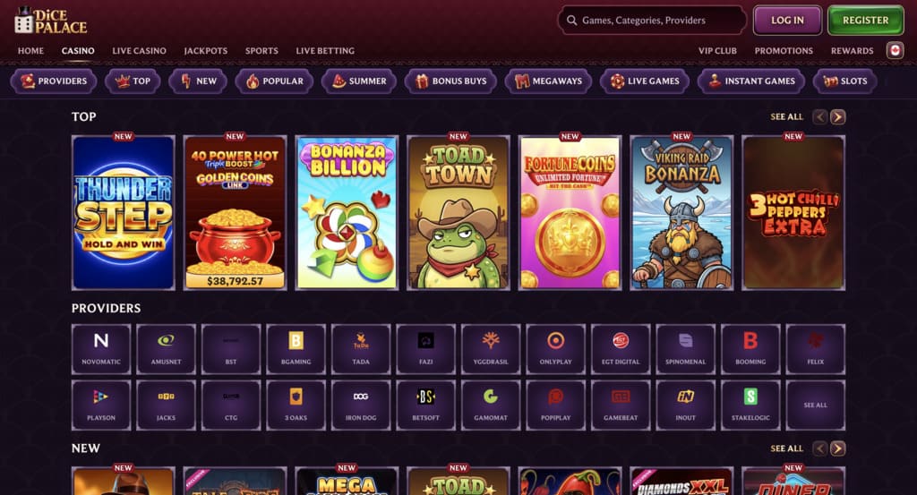 Dice Palace Casino games lobby